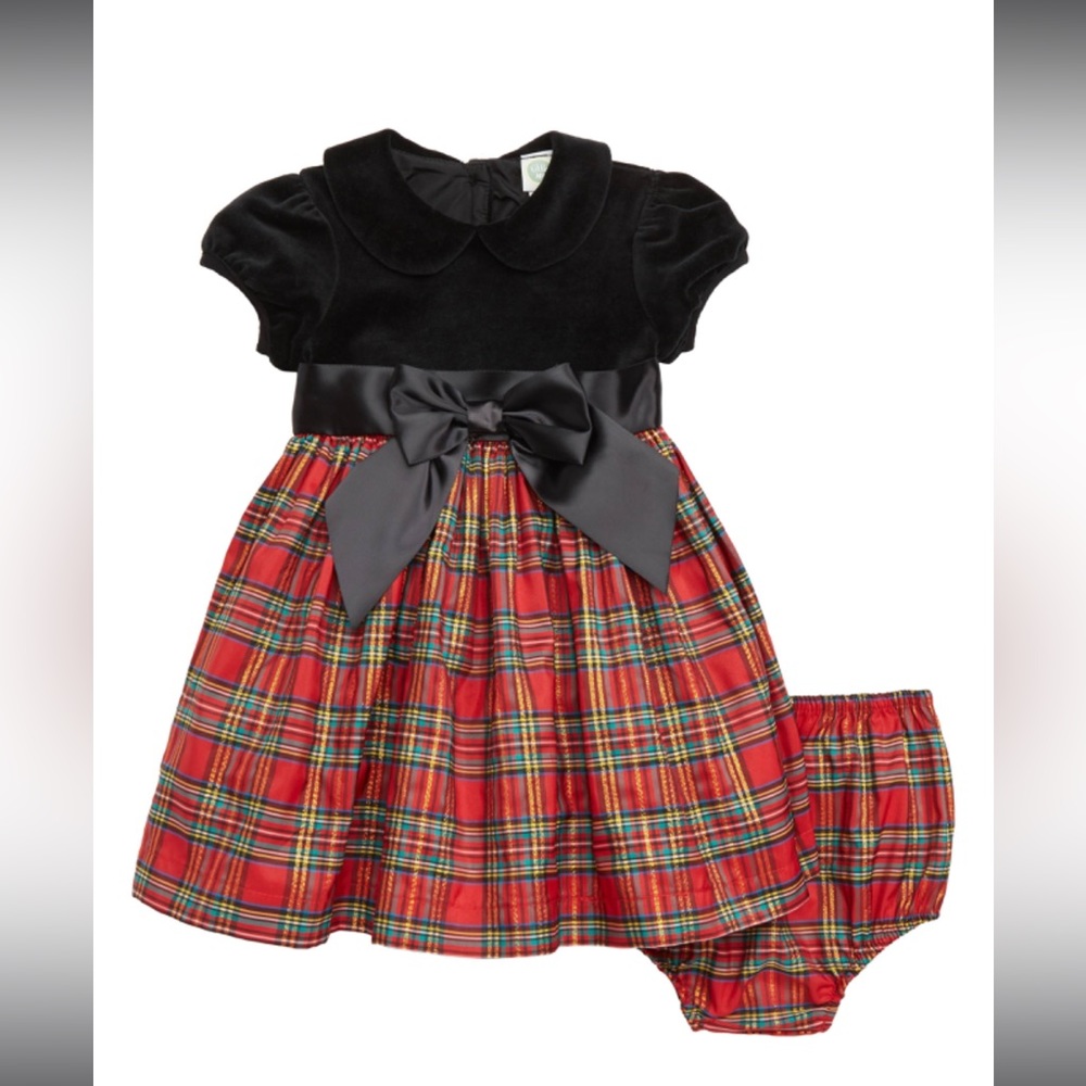 Little Me Velvet Plaid Christmas Dress